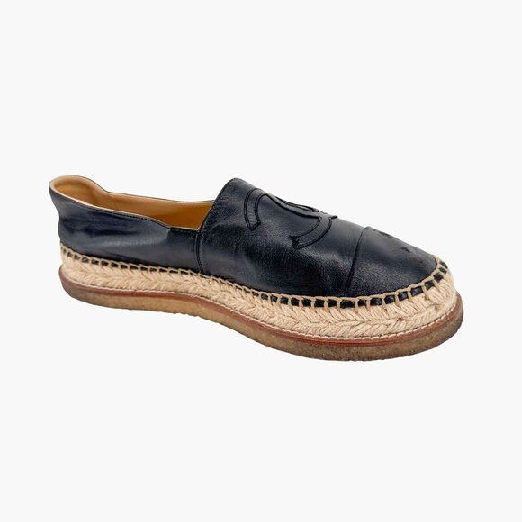 Chanel Black Leather CC Logo Espadrille Flats Size 39 US 8.5 Platform Shoes - Picture 10 of 14
